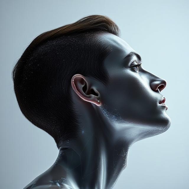 The sharp, defined jawline of a male model.